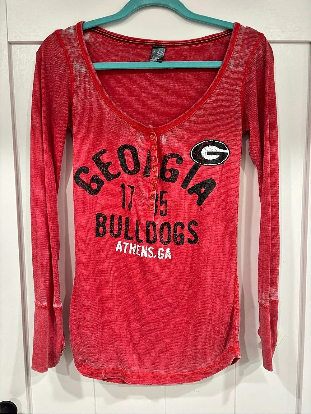 Red Georgia Bulldogs long sleeve shirt with black text and logo, size M. Cotton